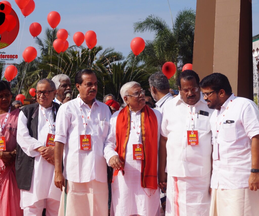 Comrade Hannan Mollah, KK Raghesh, EP Jayarajan, SK Preeja, M Vijaykumar, and NK Shukla share a light moment before the flag hoisting at the venue of the Conference. December 13, 2022.