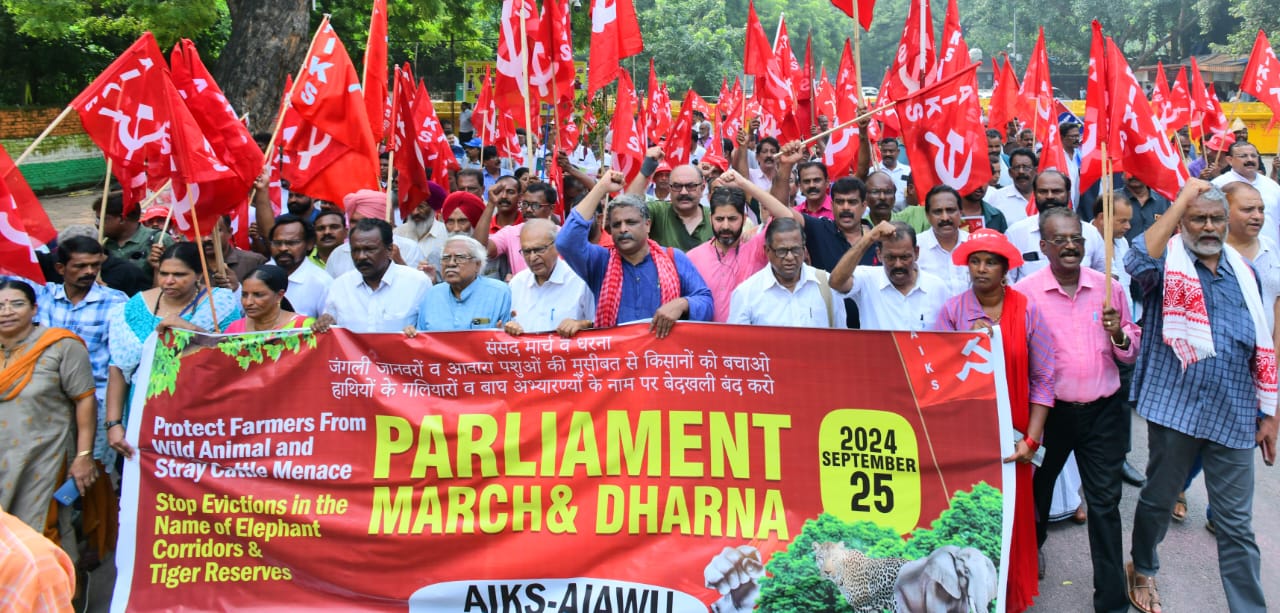 AIKS- AIAWU Hold Dharna At Parliament Against Wild Animal And Stray Cattle Menace